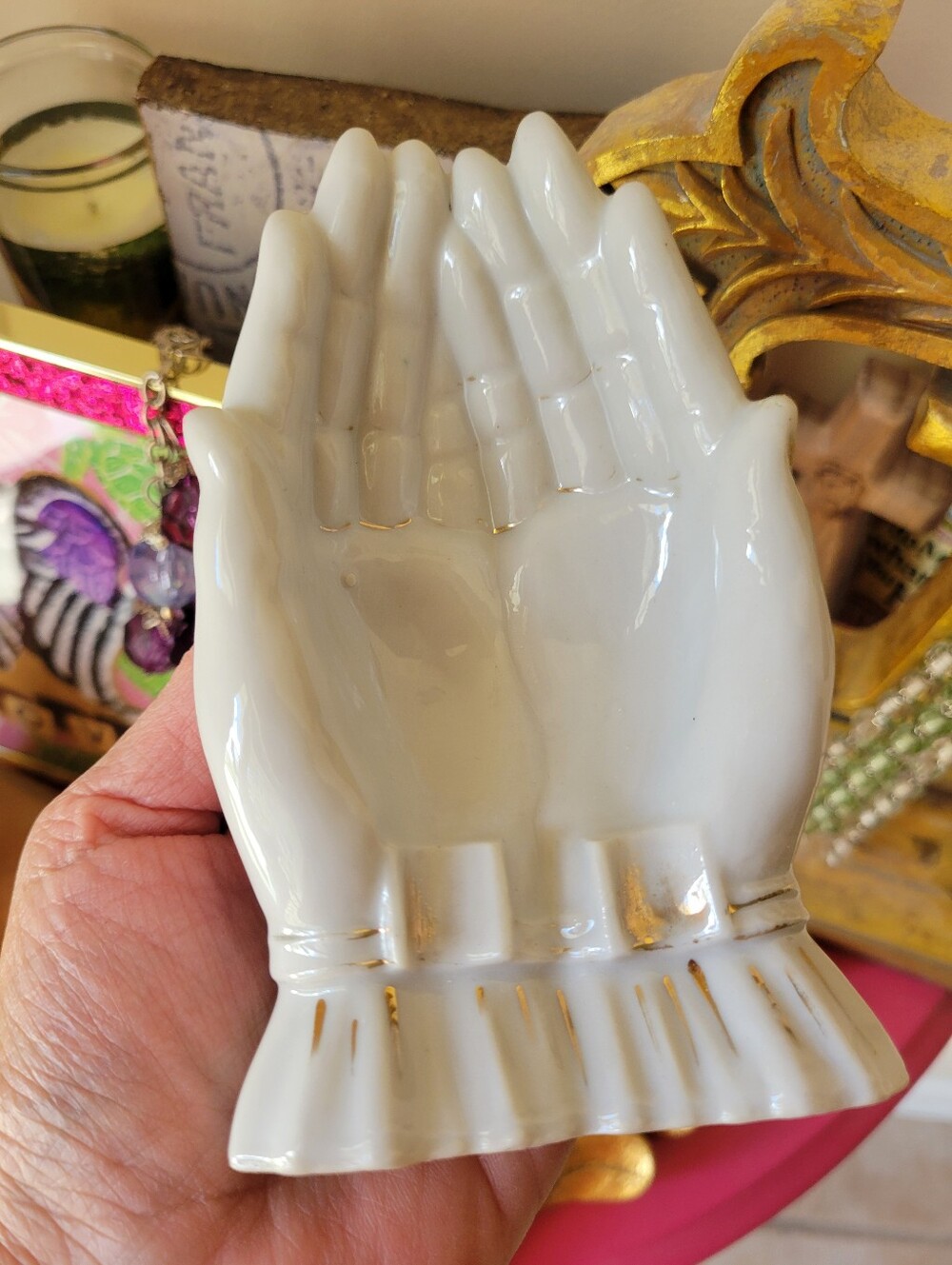 Vintage Japan White Ceramic Open Hands Trinket Dish Ashtray Religious Prayer